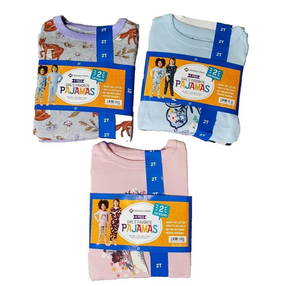Member's Mark Girls Set of 3 Cotton 4 Piece Snug Fit Pajama Sets Toddler 2T NEW - Picture 1 of 7